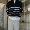 RT No. 5402 KNITTED BLACK STRIPED HALF-ZIP TURTLENECK SWEATER