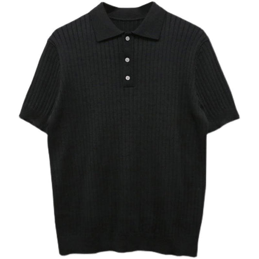 RT No. 5249 BLACK VERTICAL KNITTED SHORT SLEEVE COLLAR SHIRT