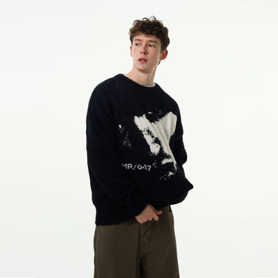 RT No. 11213 BLACK KNITTED GRAPHIC FACE CREWNECK SWEATER