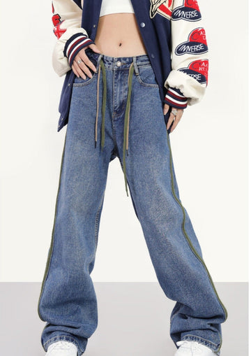 RTK (W) No. 1819 DRAWSTRING WIDE STRAIGHT DRAPE DENIM JEANS