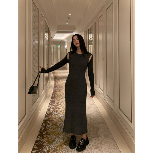 RTK (W) No. 1429 DARK GRAY KNIT LONG SLEEVE DRESS