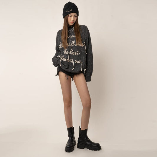 RTK (W) No. 1409 KNITTED EMBROIDERED CURSIVE PULLOVER SWEATER