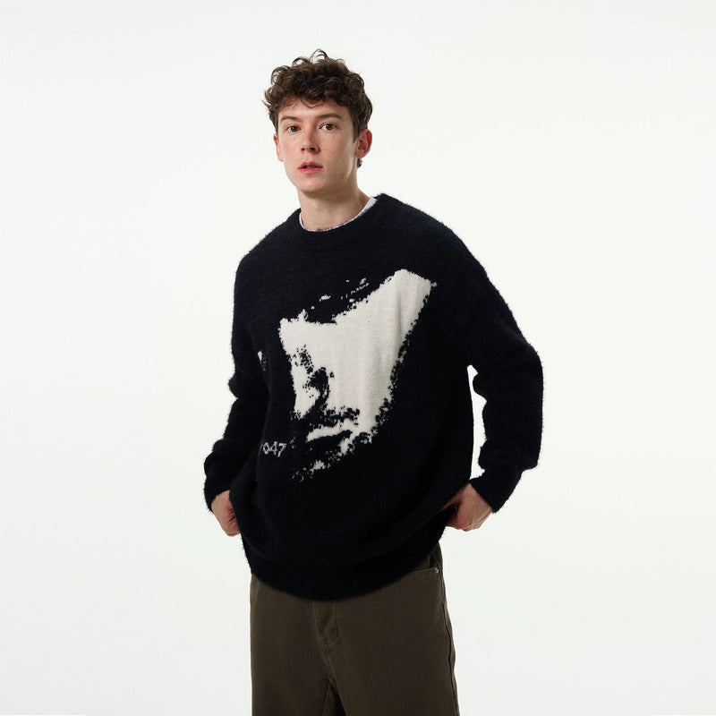 RT No. 11213 BLACK KNITTED GRAPHIC FACE CREWNECK SWEATER