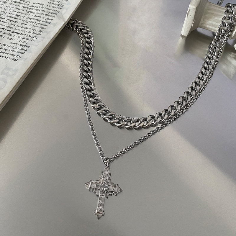 DOUBLE LAYER CROSS CHAIN NECKLACE