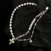 HALF PEARL HALF DOUBLE CHAIN CROSS NECKLACE