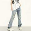 RTK (W) No. 2041 BLUE DISTRESSED RIPPED SLIM STRAIGHT DENIM JEANS