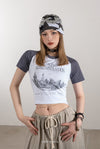 RTK (W) No. 1828 CONTRAST GRAPHIC CROP TOP SHIRT