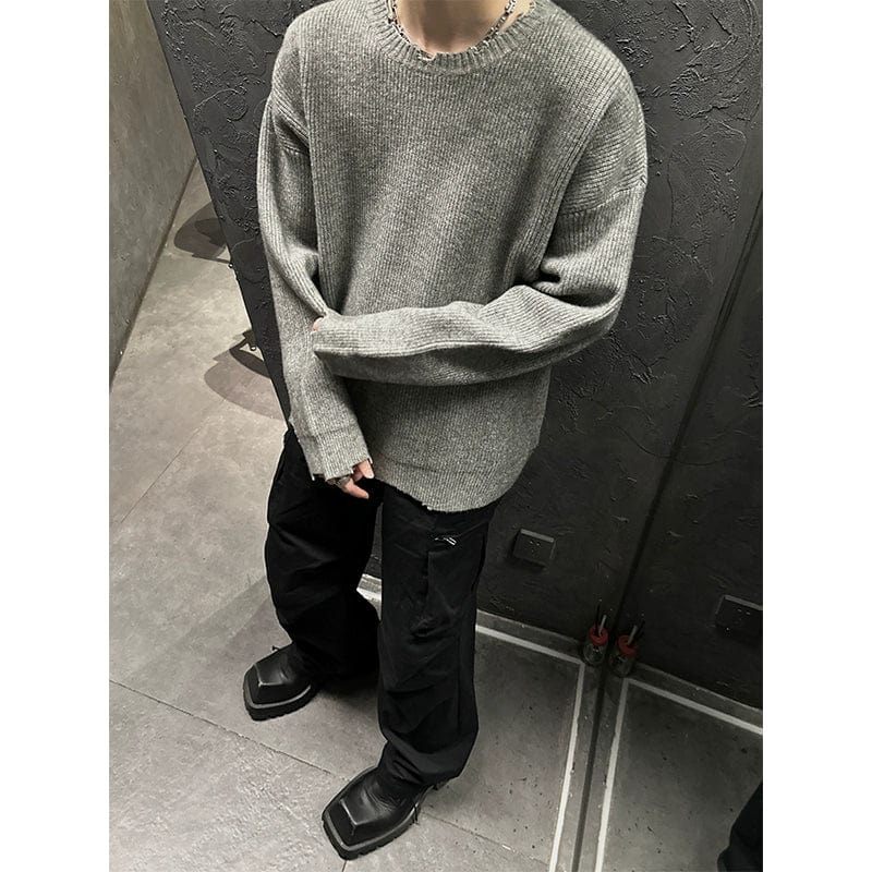 RT No. 10217 DISTRESSED KNITTED PULLOVER SWEATER