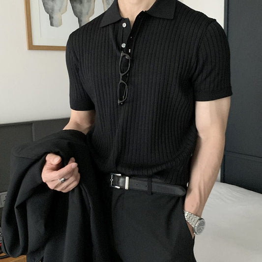 RT No. 5249 BLACK VERTICAL KNITTED SHORT SLEEVE COLLAR SHIRT