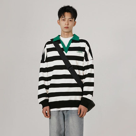 RT No. 6594 STRIPED GREEN COLLAR V-NECK SWEATER