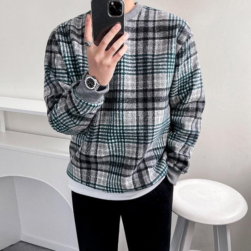 RT No. 6164 KNITTED CREWNECK PLAID SWEATER