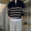 RT No. 5402 KNITTED BLACK STRIPED HALF-ZIP TURTLENECK SWEATER