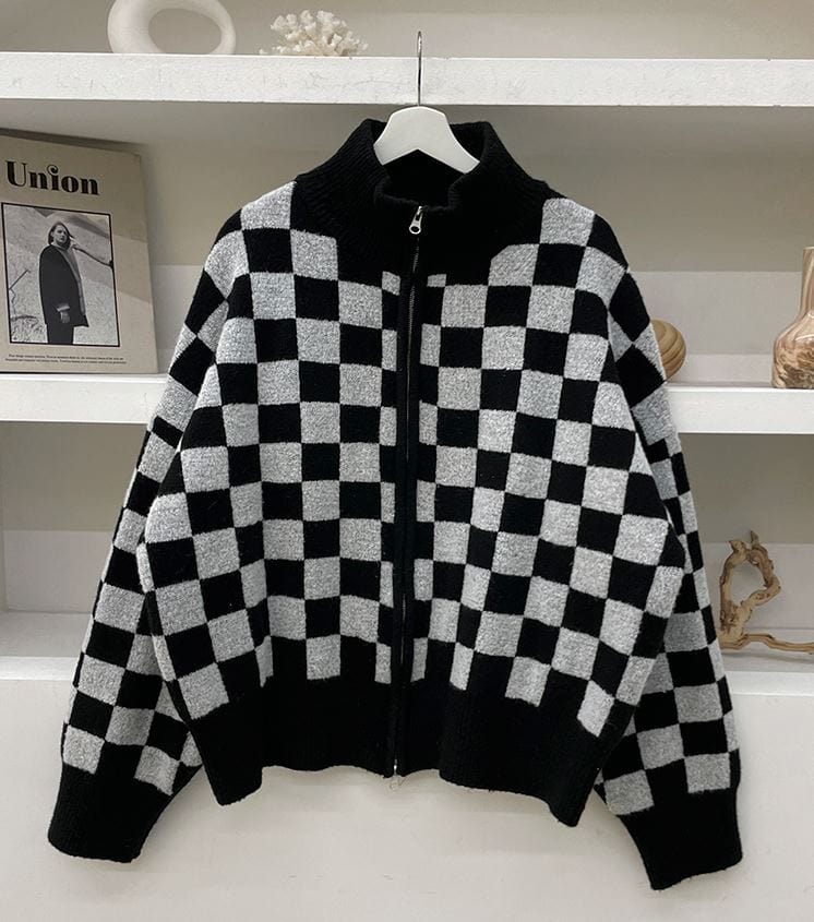 RT No. 5564 KNITTED CHECKERBOARD STAND COLLAR ZIP-UP SWEATER