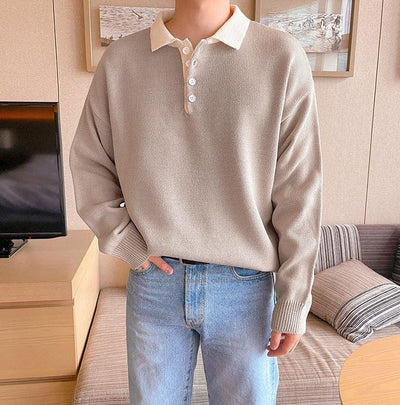 RT No. 5517 KNITTED TWO-TONE QUARTER BUTTON-UP SWEATER